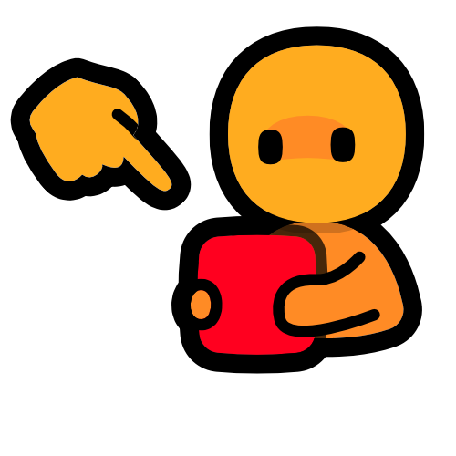 a yellow hand pointing down at a figure holding a red cube